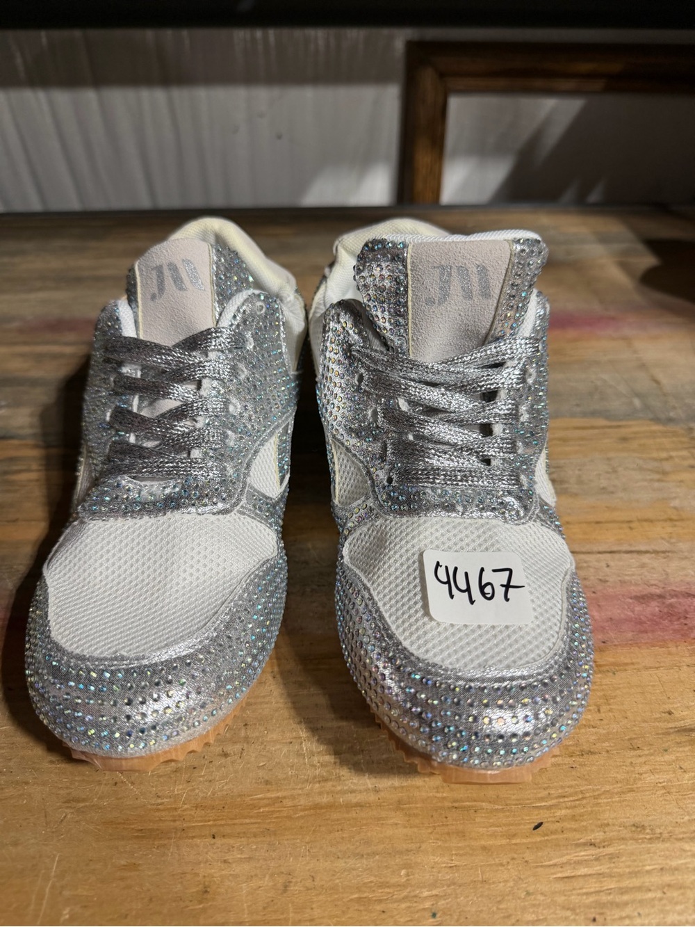 #4467-JW PEI Silver Rhinestone Embellished White Mesh Sneakers